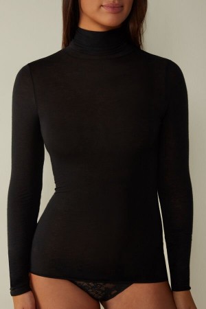 Pantofi Haltere Dama Intimissimi Modal Cashmere Ultralight High-Neck Top Negrii | RO IS1799